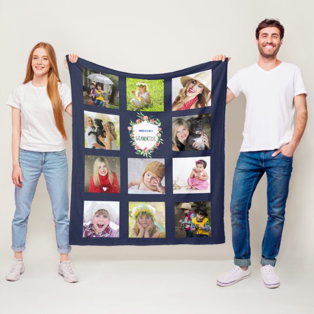 GRANDPARENTS Photo Collage Blanket Barnbarn Navy Fleecefilt (På plats)