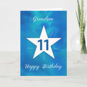Grandson 11th Birthday Star Blue Grönt Watercolor Kort