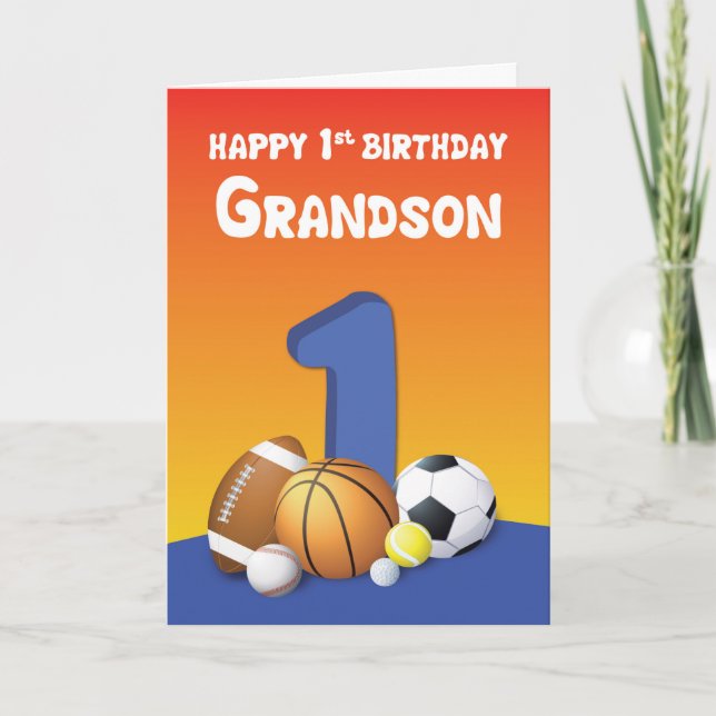 Grandson 1st Birthday Sports Bollar Kort (Framsida)