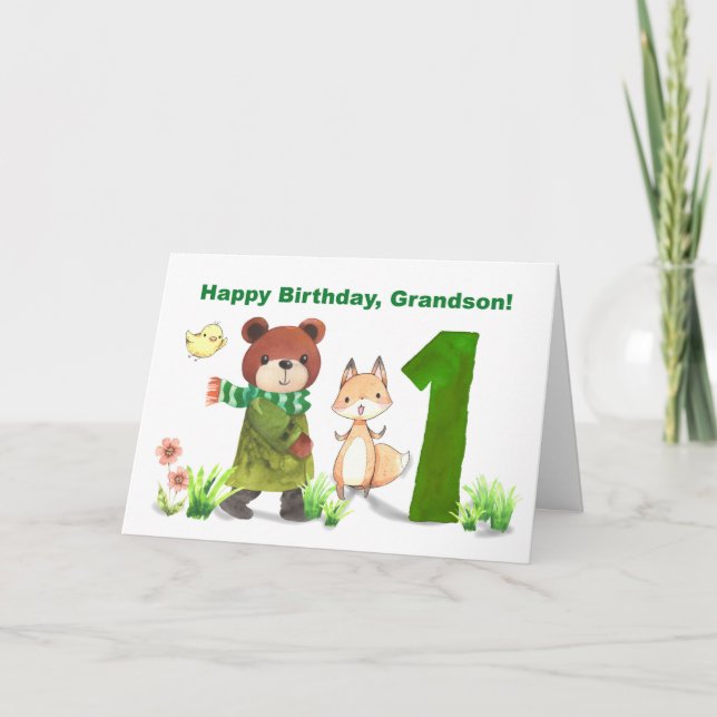 Grandson 1st Birthday Watercolor Bear and Fox Kort (Framsida)