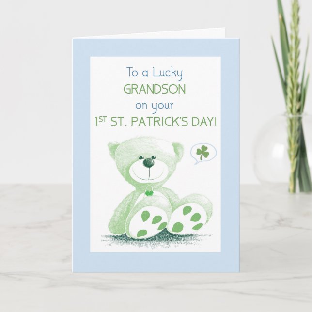 Grandson 1st St patricks day Grönt Snuggly Bear Kort (Framsida)