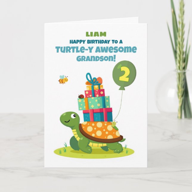 Grandson 2nd Birthday Personalize Cute Turtle Kort (Framsida)