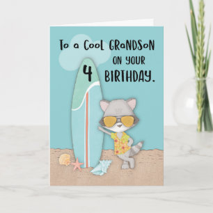 Grandson 4e födelsedagen Beach Funny Coola Raccoon Kort