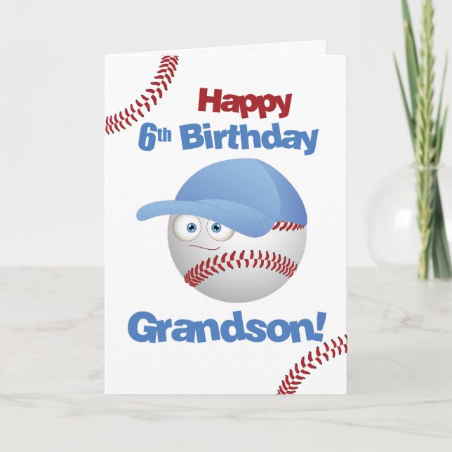Grandson 6e Birthday Funny Baseball Ansikte Kort (Framsida)