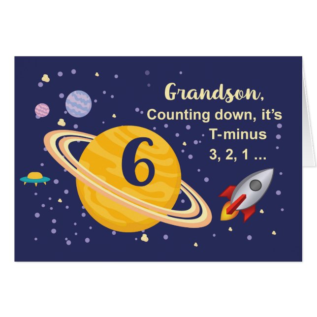 Grandson 6e Birthday Planets i Rymden Hälsningskort (Framsidan Horizontal)