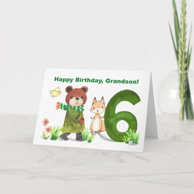 Grandson 6e Birthday Watercolor Bear and Fox Kort (Framsida)