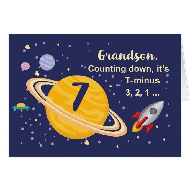 Grandson 7:e Birthday Planets i Rymden Hälsningskort (Framsidan Horizontal)