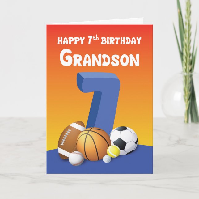 Grandson 7:e Birthday Sports Bollar Kort (Framsida)