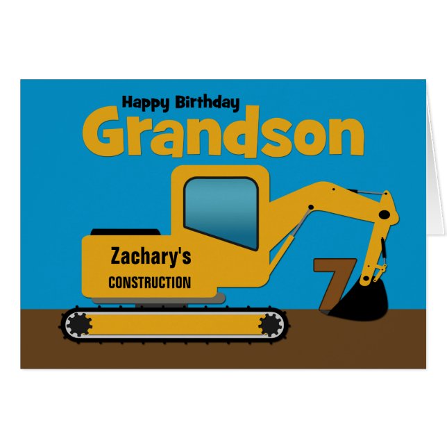 Grandson 7th Birthday Yellow Excavator Add Name Hälsningskort (Framsidan Horizontal)