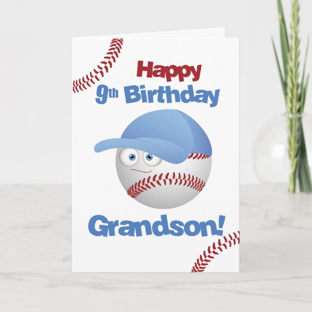 Grandson 9 Birthday Funny Baseball Ansikte Kort (Framsida)