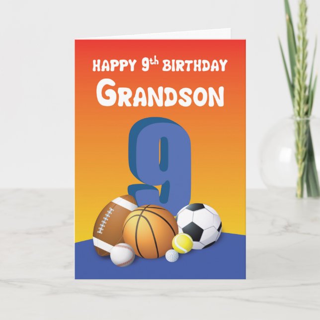 Grandson 9th Birthday Sports Bollar Kort (Framsida)