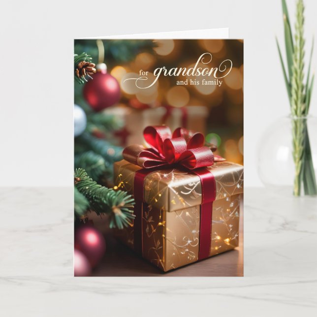 Grandson and Family Christmas Tree and Golden Gift Helgkort (Framsida)