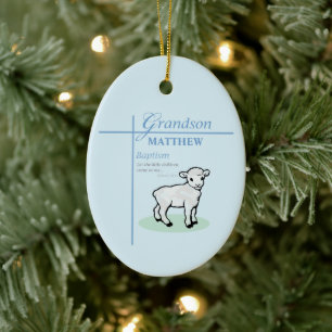 Grandson Baptism Blue Boy Lamb Personlig Julgransprydnad Keramik