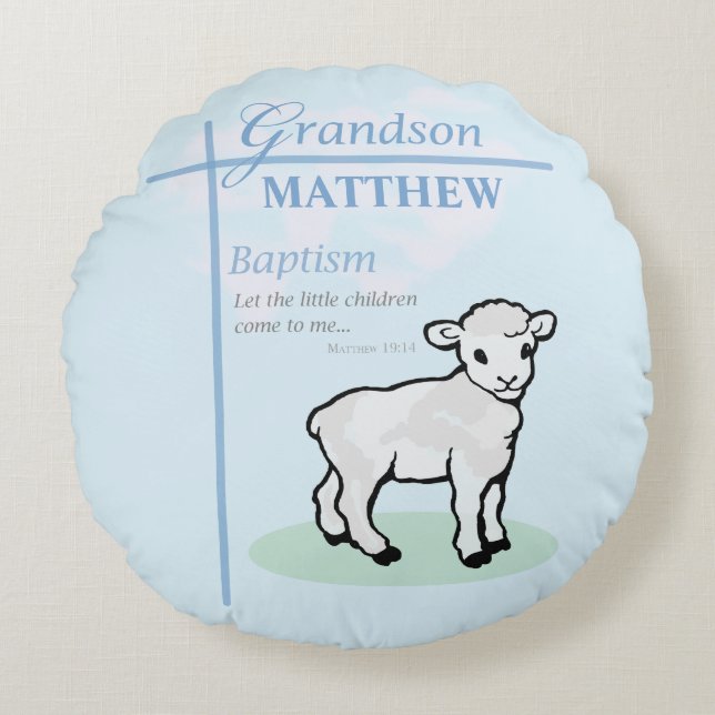 Grandson Baptism Blue Boy Lamb Personlig Rund Kudde (Framsidan)