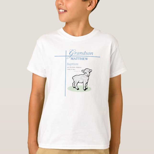 Grandson Baptism Blue Boy Lamb Personlig T Shirt (Framsida)