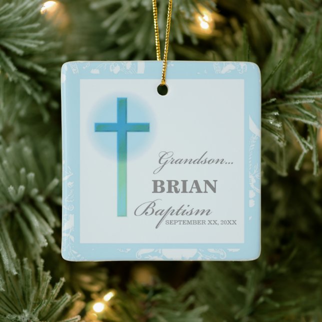 Grandson Baptism Blue Snöre Personlig Julgransprydnad Keramik (Träd)