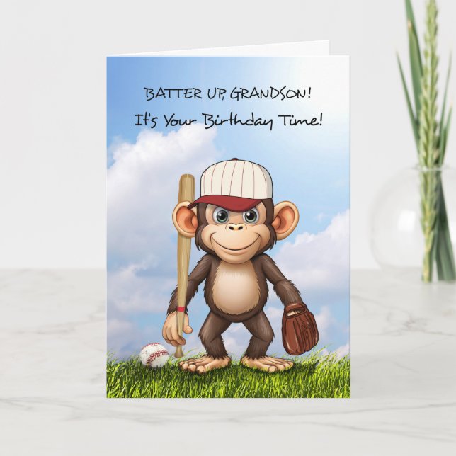 Grandson Baseball Birthday Monkey Fladdermus Boll  Kort (Framsida)