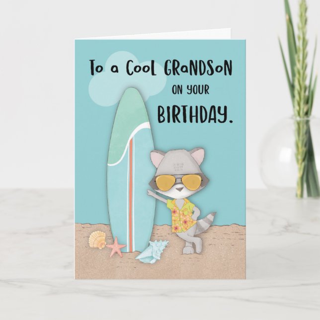 Grandson Birthday Beach Funny Coola Raccoon Kort (Framsida)