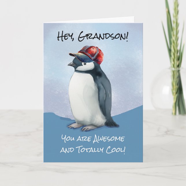 Grandson Birthday Coola Fantastisk Penguin Basebal Kort (Framsida)
