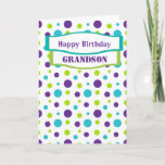 Grandson Bright Circle Birthday Greetings Kort<br><div class="desc">En modern och ljus polka-punktdesign för grönt och lila. Det här fantastiska hälsning-kortet är ett underbart sätt att önska din morson Grattis på födelsedagen. 
Anpassa helt och hållet för att lägga till egna namn och hälsning (fram och tillbaka).</div>