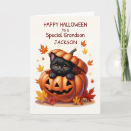Grandson Custom Name Halloween Cute Black Cat Kort