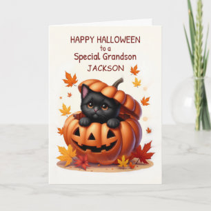 Grandson Custom Name Halloween Cute Black Cat Kort
