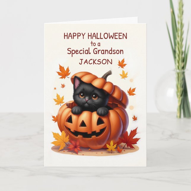 Grandson Custom Name Halloween Cute Black Cat Kort (Framsida)