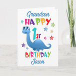 Grandson Dinosaur 1:a födelsedagen Kort<br><div class="desc">Ett speciellt första födelsedagskort för din barnson! Det här lysande första födelsedagskortet för roligt har en blå dinosaurie, några söt stjärnor och färgstark text. En söt design för någon som blir ett år gammal. Lägg till barnets namn på första födelsedag på kortets framsida för att anpassa det för den speciella...</div>