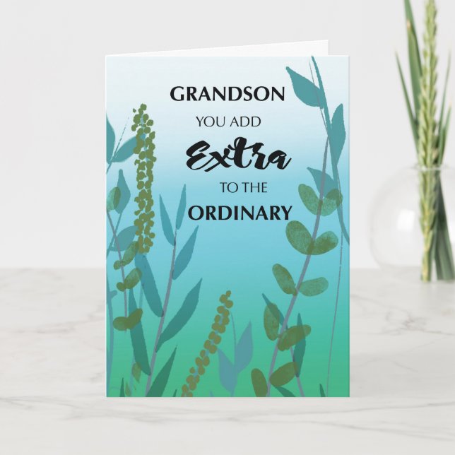 Grandson Extra Ordinary Birthday Grönt Blue Foliag Kort (Framsida)