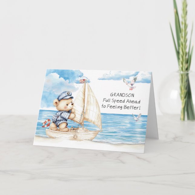 Grandson Feel Bättre snart Nalle Sailing Kort (Framsida)