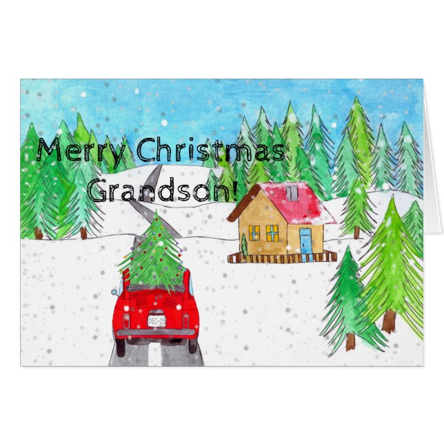 Grandson Fiat 500 i Anpassadet Snowy Forest Hälsningskort (Framsidan Horizontal)