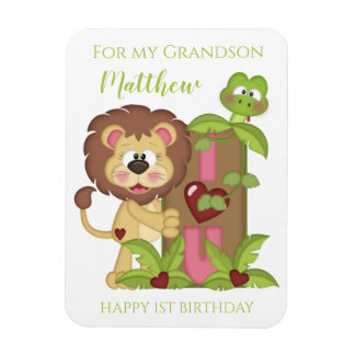 Grandson First Birthday Cute Lejon Photo Card Magnet