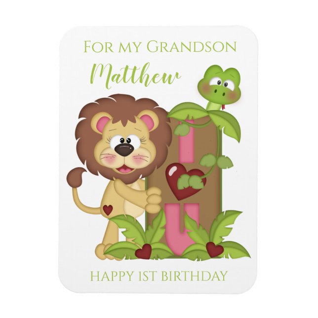 Grandson First Birthday Cute Lejon Photo Card Magnet (Vertikal)