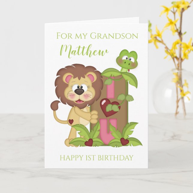 Grandson First Birthday Cute Lejon Photo Kort (Gul blomma)