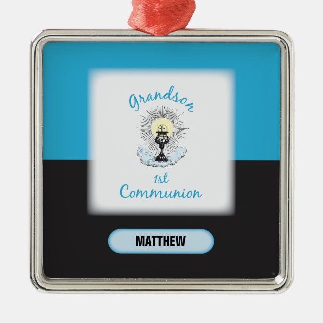 Grandson First Communion, Blue Kopp Julgransprydnad Metall (Framsidan)