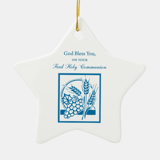Grandson First Communion Blue, Wheat, Graps Julgransprydnad Keramik (Framsidan)