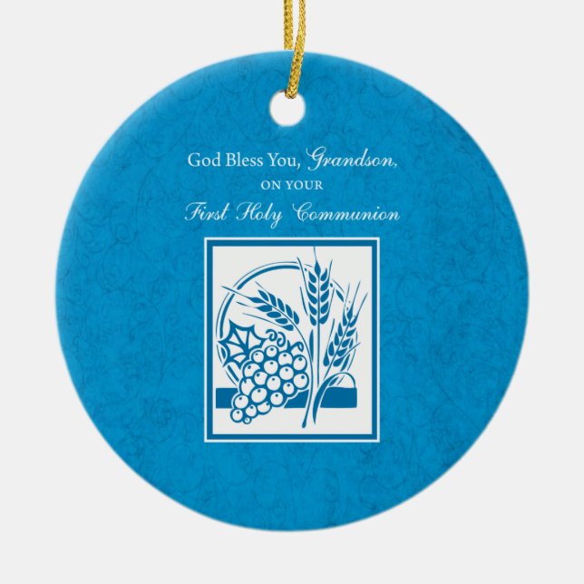 Grandson First Communion Blue, Wheat, Graps Julgransprydnad Keramik (Framsidan)