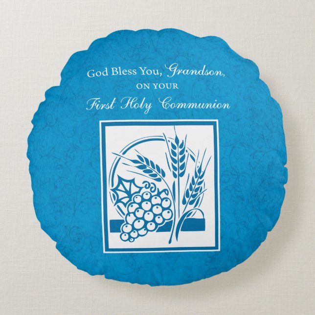 Grandson First Communion Blue, Wheat, Graps Rund Kudde (Framsidan)