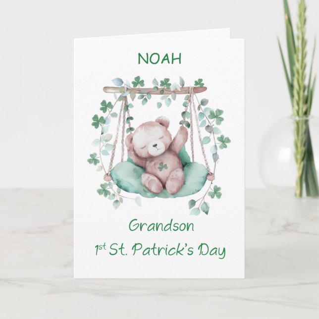 Grandson First St patricks day Sweet Bear on Swing Kort (Framsida)
