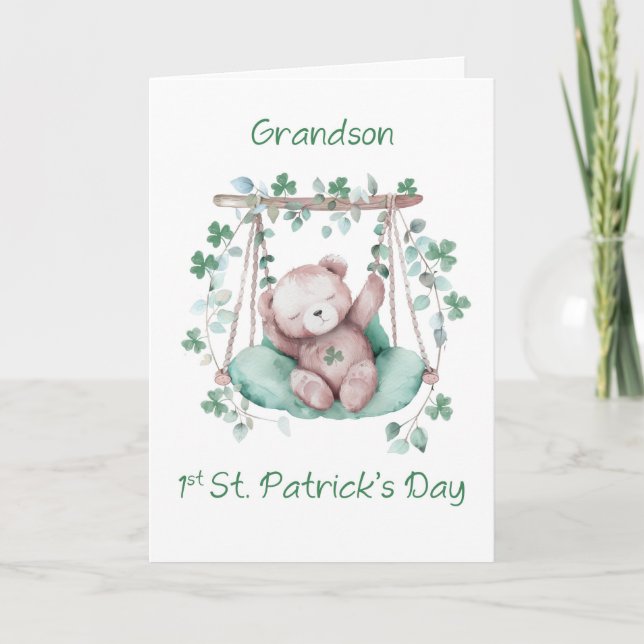 Grandson First St patricks day Sweet Bear on Swing Kort (Framsida)