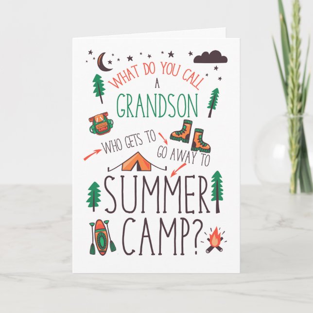 Grandson Funny Summer Camp Orange Green Brown Kort (Framsida)