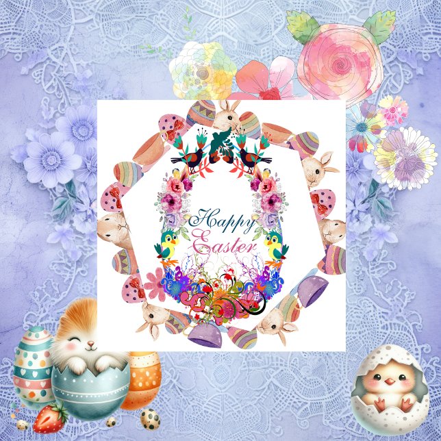 Grandson Glad påsk Egg Bunny Ram Birds Blommigt Julkort (Grandson Happy Easter Egg Bunny Frame Birds Floral Holiday Card)