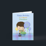 Grandson Grattis på födelsedagen Boy Blue Grönt Ba Kort<br><div class="desc">Ett sött kort för en Speciell morson, med blå bakgrund med lägre blått plaid och en söt liten pojke med blå och gult skjorta och jeans. Det finns en grönt kaka framför pojken och ballonger som flyter runt. Den ursprungliga designen av Cheryl Seslar vid Digital Craft Supplies, Ballons originella design...</div>