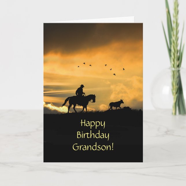 Grandson Grattis på födelsedagen Cowboy and Horse Kort (Framsida)