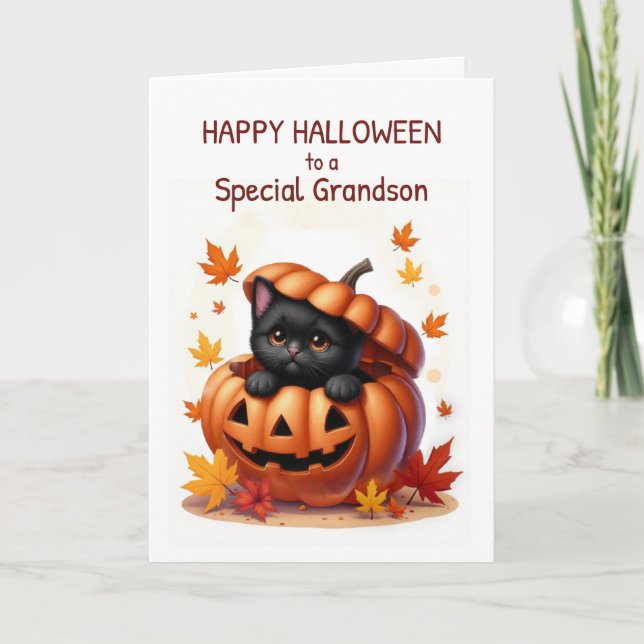 Grandson Halloween Cute Black Cat Pumpkin Kort (Framsida)