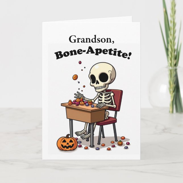 Grandson Halloween Funny Skeleton Bone-Apetite Kort (Framsida)