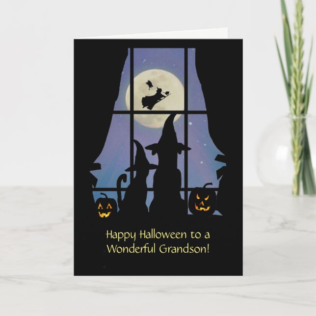 Grandson Halloween med Hund och Cat Cute Kort (Framsida)