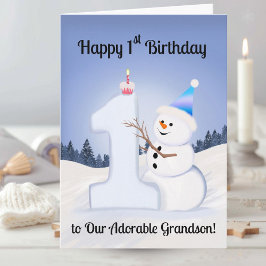 Grandson Happy 1st Birthday Snowman Building One Kort