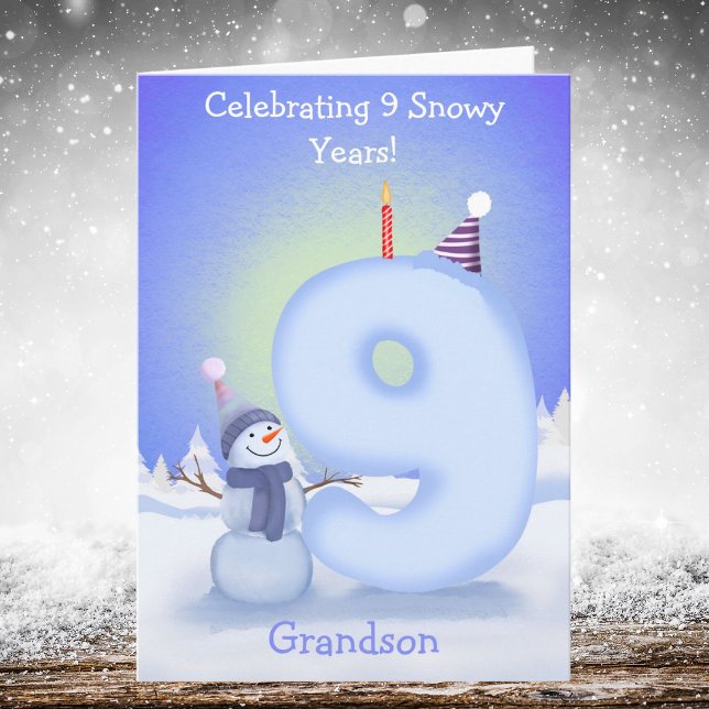 Grandson Happy 9th Birthday Snowman Building  Kort (Skapare uppladdad)