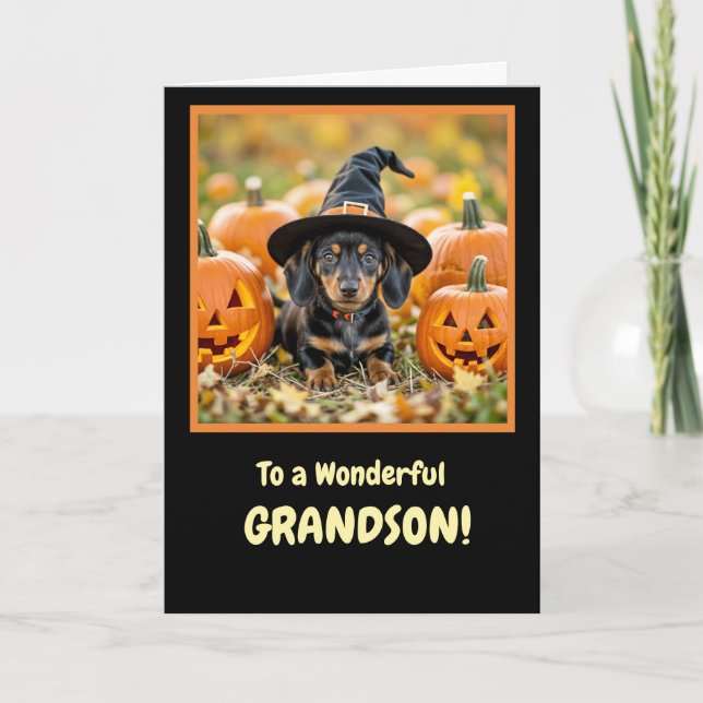 Grandson Happy halloween med Cute Dachshund Kort (Framsida)